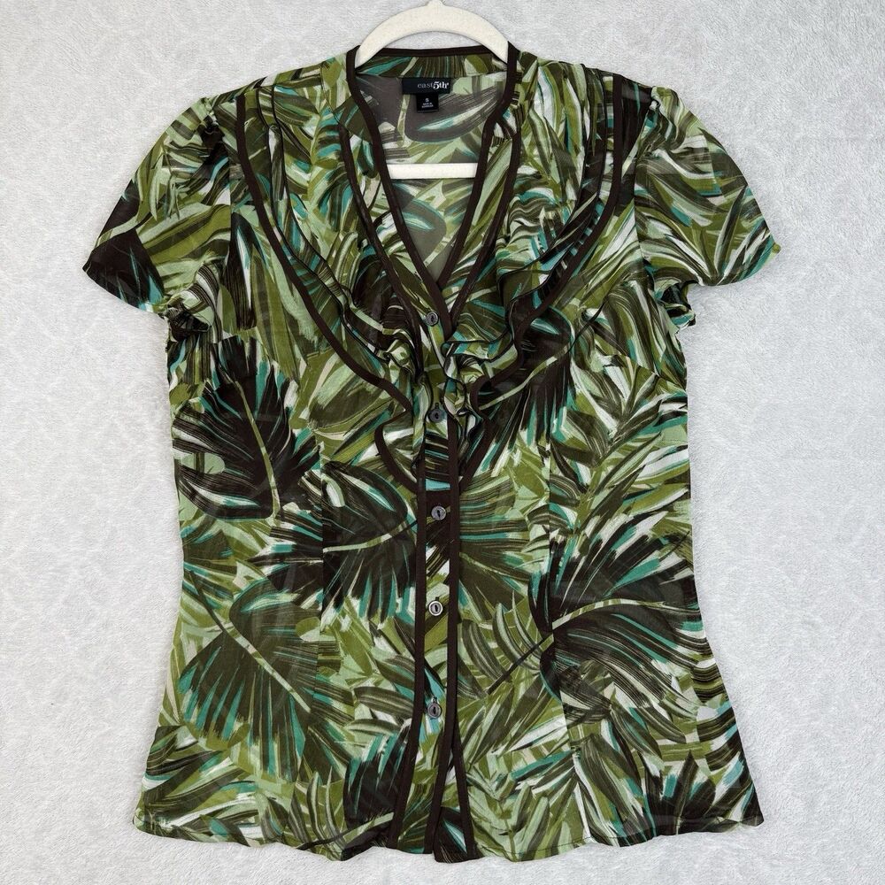 Vtg Y2K East 5th Chiffon Ruffle Top Small Green Palm Semi Sheer Fairy Grunge